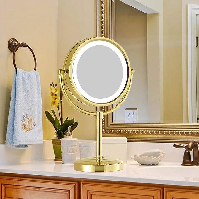 GURUN 8.5 Inch Rechargeable LED Lighted Tabletop Makeup Mirror with 10x Magnification Dimmable 3 Colors Touch Control 4500mAh Double Sided Gold Finish 2208D-T(10x, Gold)