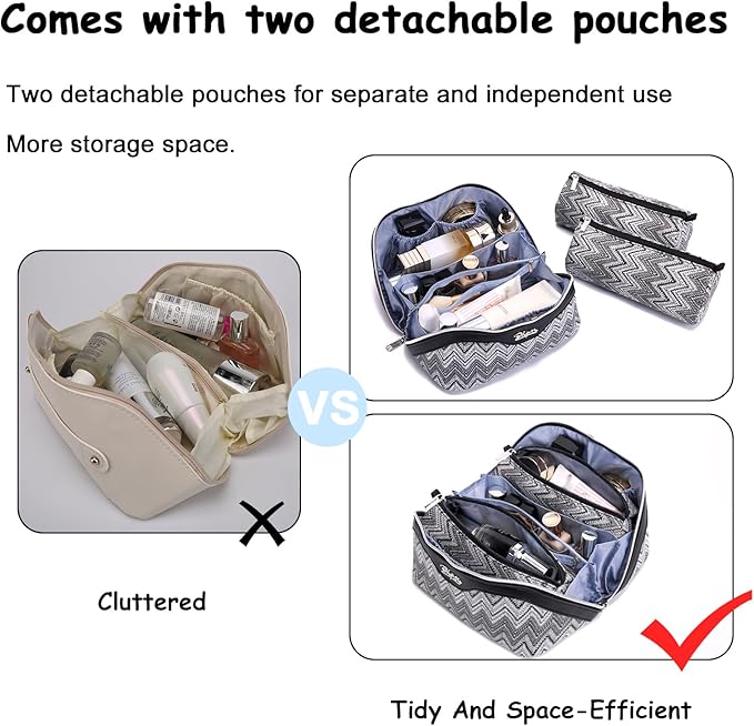 Travel Makeup Bag for Women: Western Boho Make up Bag Set of 3 - Large Capacity Vegan Leather Cosmetic Bag - Waterproof Toiletry Bag with Compartments & Handle & Divider(B-03Black)