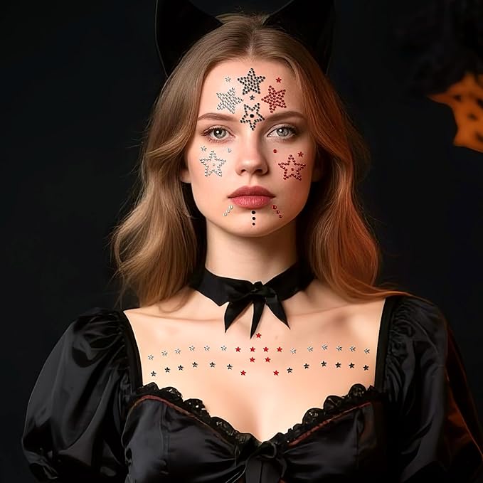 Halloween Face Gems 6 Sheets Hair Gems, Self Adhesive Face Jewels Stickers, Red Black Round Star Festival Face Gems Stick on, Halloween Rhinestone for Face, Eye, Makeup, Rave Accessories for Women
