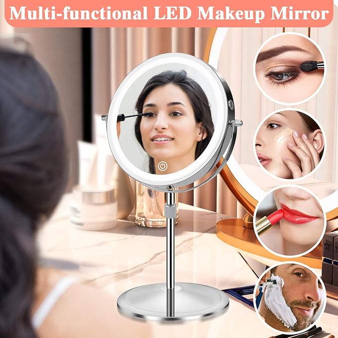 Lighted Makeup Mirror with Magnification, 10X 8’’Rechargeable Double Sided Vanity Mirror with Lights Magnifying Makeup Mirror with 3 Color Light with 360° Rotation, Detachable Base