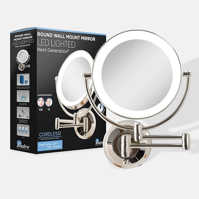 Zadro 11" LED Wall Mounted Makeup Mirror 5X/1X Shaving Mirror Plug in or Battery Operated Vanity Mirrors for Wall (Large | 5X/1X | 11" x 14.5", Polished Nickel)