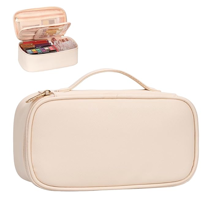 OCHEAL Small Makeup Bag,Portable Cute Makeup Pouch Travel Bag for Women and Girls with Makeup Brush Compartment Organizer cosmetics Bags-Beige