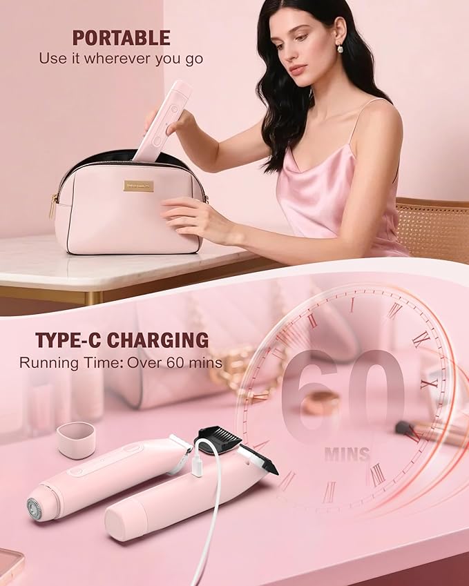 2 in 1 Women Electric Shaver - Dual Head Bikini Trimmer for Women Waterproof Wet & Dry Use Body Hair Trimmer and Facial Hair Remover, Painless Razors for Bikini Underarm Leg Arm Body Face, Pink