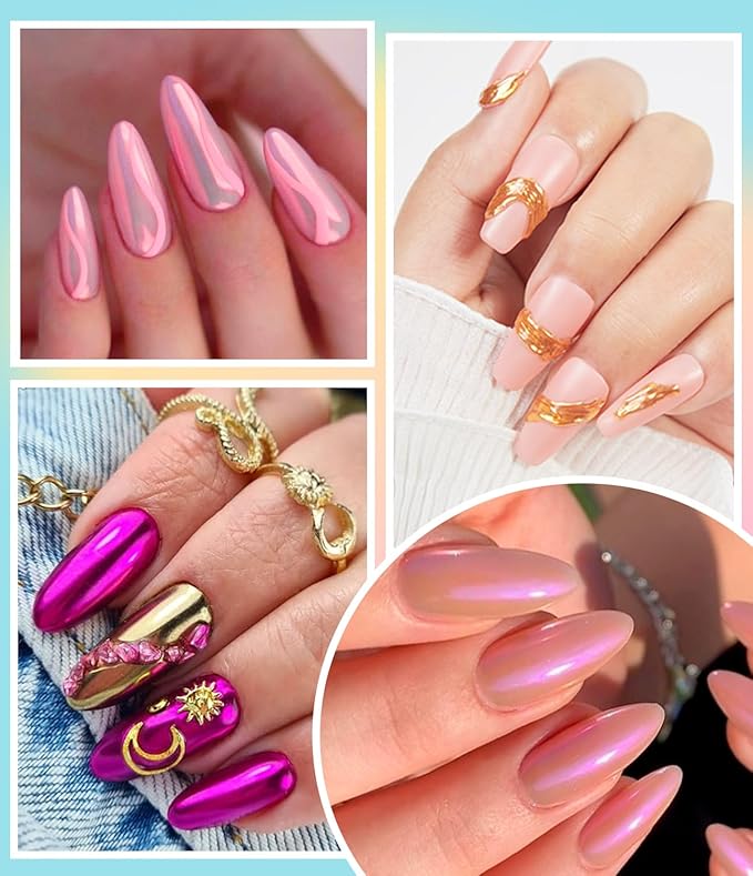 Gold Chrome Nail Powder BISHENGYF -【Fairy Effect】Pink Chrome Nail Powder White Pearl Aurora Mermaid Iridescent Rose Gold Red Nail Chrome Powder Metallic Mirror Glitter Pigment Dust for Nail Art DIY