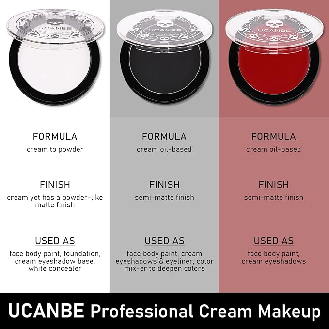 Goth White Foundation + Black Red Face Body Paint for Halloween Makeup, Face Painting Kit with Brushes Facepaint Set for Kids Adults Clown Vampire Skull SFX Make Up Costume Cosplay Party Theater Stage