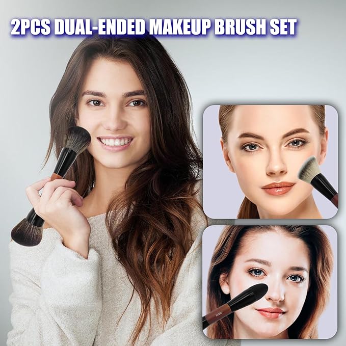 Double Ended Foundation Brush & Blending Brush for Makeup, Soft, Dense Bristles for Sensitive Skin, Duo Blush Brush for Liquid, Powder, Cream, Blending, Buffing–Travel-Friendly, Kabuki Makeup Brushes