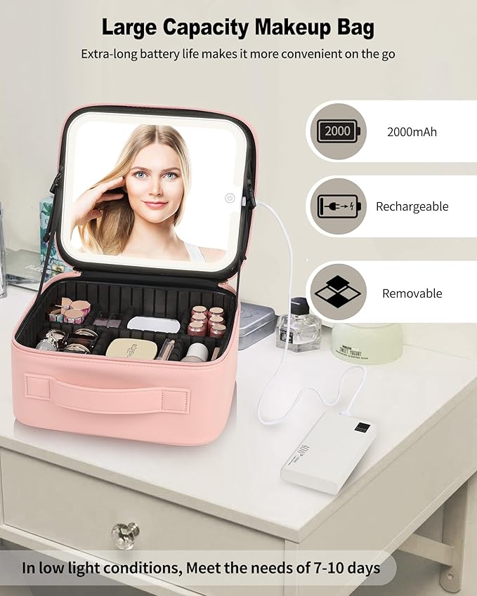 Makeup Bag With LED Mirror, Travel Makeup Case with Light up Mirror Large Cosmetic Case with 3 Color Lighted Portable Professional Organizer Bag with Adjustable Dividers(Pink)