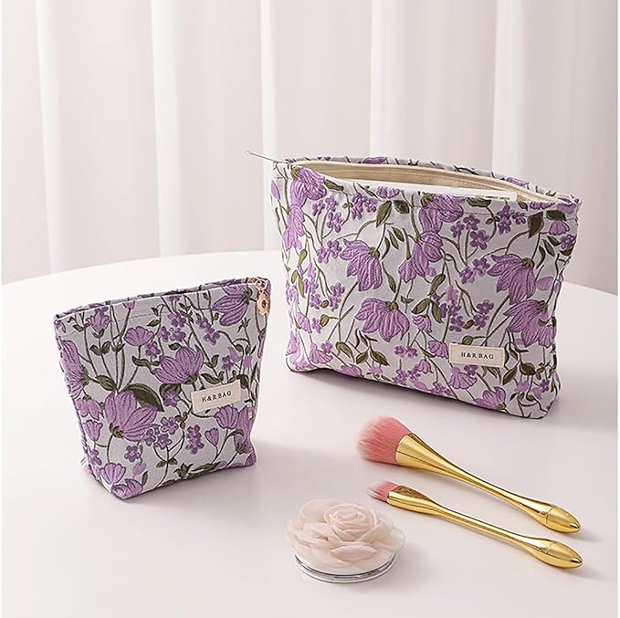 2 Pcs Makeup Bags, Large Cosmetic Bag Travel Toiletry Bag Organizer for Women, Embroidery Craft, Floral Makeup Bag Small Cosmetic Pouch Purse with Zipper Gifts for Girls Teen