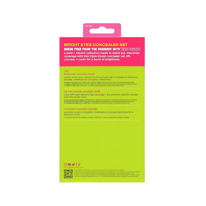 Real Techniques Vivid Escape Bright Eyes Concealer 4 Piece Set, Includes Kitten Paw Makeup Brush, Powder Puff, & Concealer Makeup Blending Sponge, Targeted Concealing, Travel Friendly, Cruelty-Free