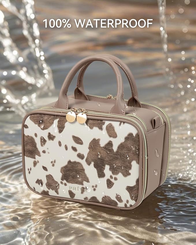 Prite Makeup Bag for Women, Large Capacity Waterproof Travel Cosmetic Organizer, Portable Open Flat Toiletry Bag with Free-standing Brush Holder and Handle(Cow Print Medium)