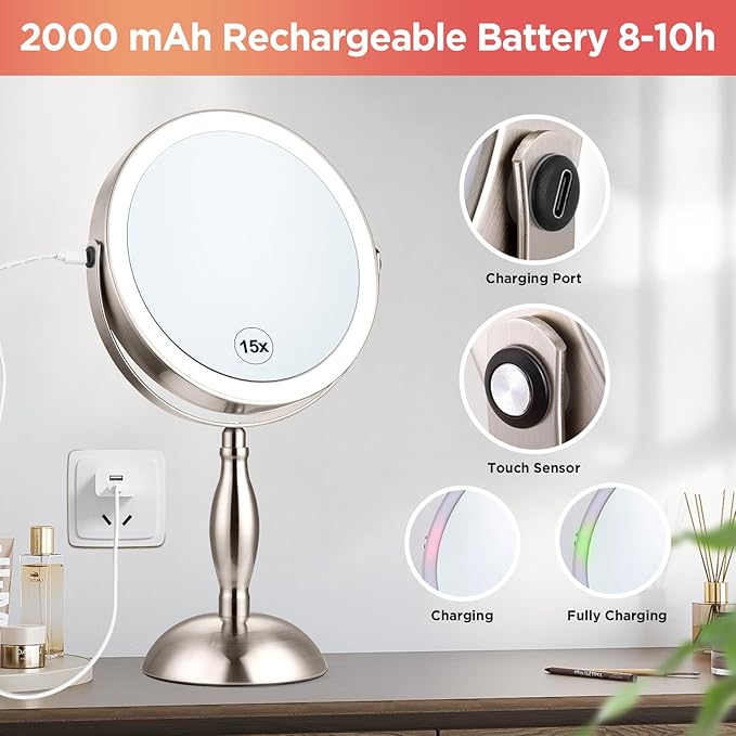Lighted Makeup Mirror with Magnification, 15x Nickel Lights Makeup Mirror with 3 Colors, 360°Rotation Touch Screen & Rechargeable Double Sided, Brightness Adjustable, Type-C Charging Cable