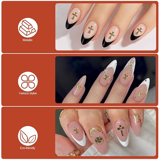 Artdone Nail Art Studs Kit, 3D Gold Cross Nail Charms and Star Gems Bulk Nail Jewels Shiny Crosses for DIY Professional Manicures Decoration