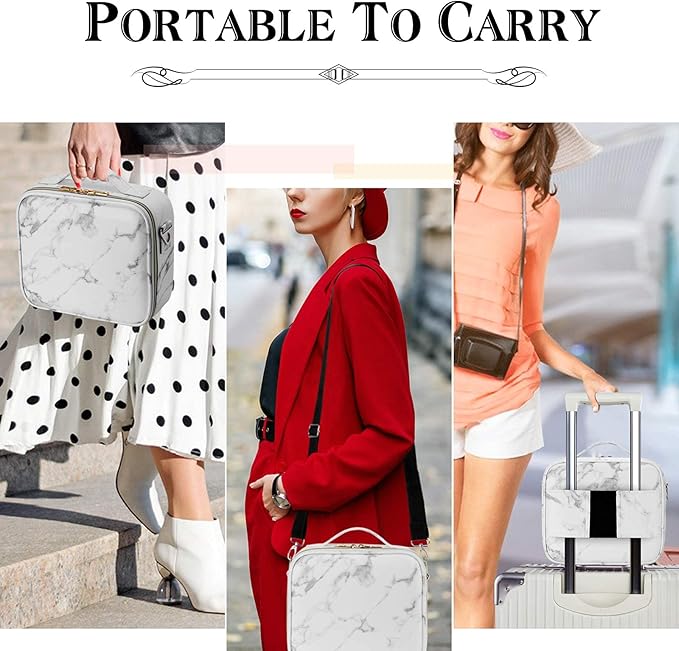 Travel Makeup Bag 10.4 Inches Portable Makeup Train Case Cosmetic Bag Organizer with Adjustable Dividers and Shoulder Strap for Cosmetics Brushes Toiletry Jewelry Digital Accessories (Marble)