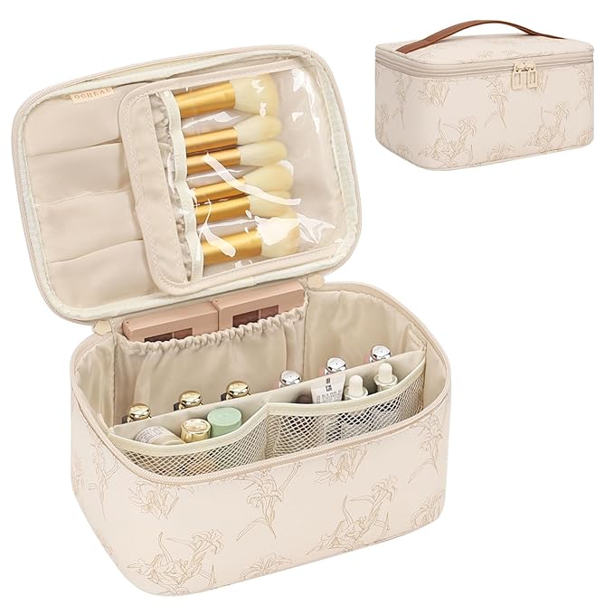 OCHEAL Makeup Bag for Women - Travel Cosmetic Organizer with Brush Slot & Divider, Large Capacity Toiletry Bag for Girls, Travel Makeup Case for everyday Make up Accessories -Beige floral