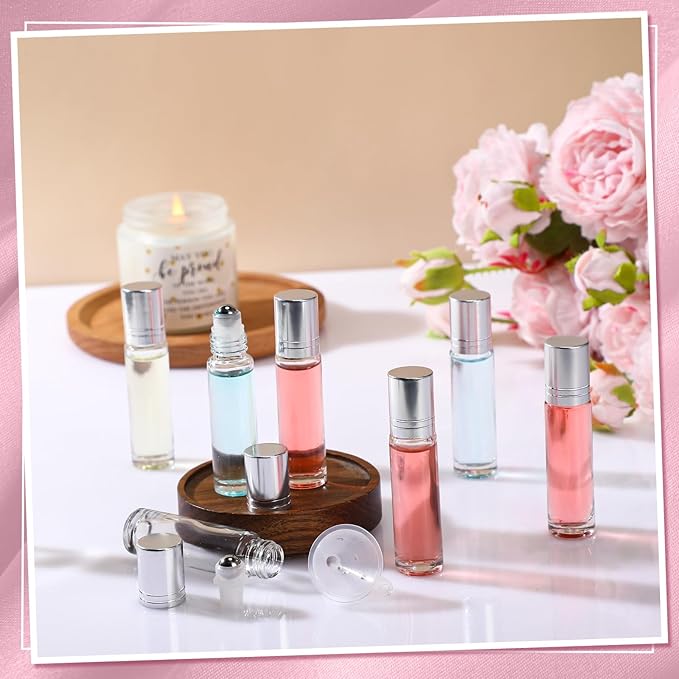 Sumind Essential Oil Roller Bottles - 250 Pcs, 10 ml Glass, Stainless Steel Roller Balls, Leakproof, Funnel Included(Clear with Silver Cap)