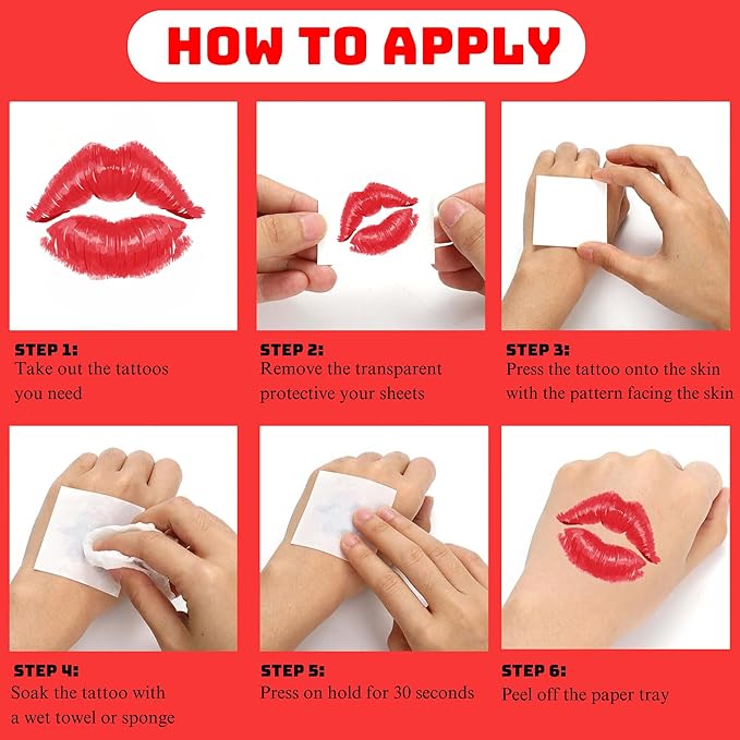 50 Pieces Valentines Lip Temporary Tattoos, Red Pink Lip Print Kiss Face Tattoo Stickers Body Decorations for Girls Kids