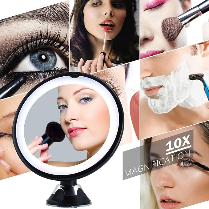 10x Magnifying Mirror with Light – 7.9" Make up Mirrors Lighted Magnifying and Suction Cups – Easy to Handle Lighted Makeup Mirror– 360 Degree Swivel Joint