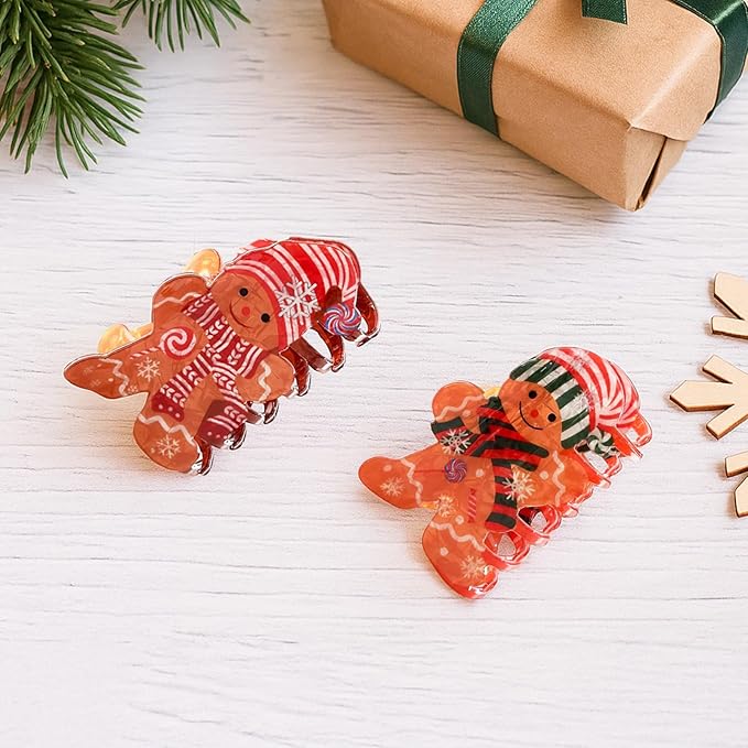 2Pcs Christmas Hair Clips for Women - Cute Funny Gingerbread Doll Hair Claw Clips Christmas Claw Clip Non-Slip Hair Claw for Thick Hair and Thin Hair Winter Xmas Party Hair Decoration Supplies