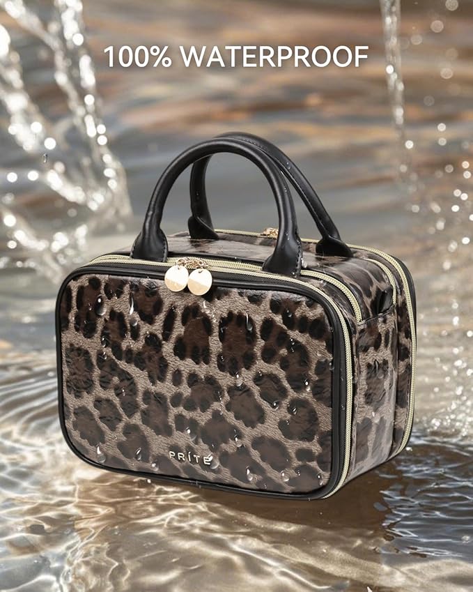 Prite Makeup Bag for Women, Large Capacity Waterproof Travel Cosmetic Organizer, Portable Open Flat Toiletry Bag with Free-standing Brush Holder and Handle(Leopard Print Medium)