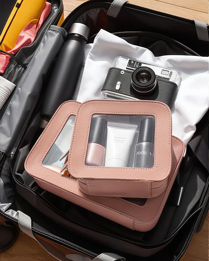 2 Pcs Travel Clear Makeup Bag Set, Clear White Makeup Organizer with Zipper Leather Travel Bags for Toiletries Small Cosmetic Bags for Women Mini Make up Pouch Toiletry Bags Car Essentials