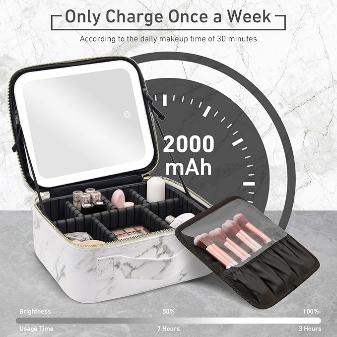 Makeup Bag with Mirror and Light, Makeup Case with Lighted Mirror, Travel Makeup Bag with Light up Mirror 3 Color Lights, Makeup Organizer Bag with Adjustable Dividers & Brush Holder(Marble)