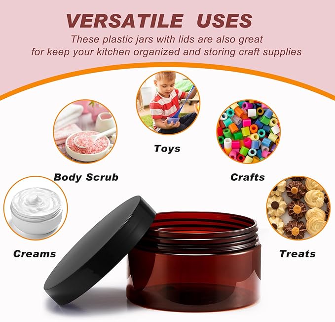 Uiifan 48 Pcs 8 oz Plastic Jars with Lids &labels, Empty Refillable Cosmetic Leak Proof Containers for Cream Body Butters Powder Ointment Lip Scrub(Amber)