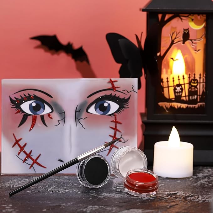 White Black Red Face Paint Clown Sorceress Halloween Makeup Kit Character Set for Kids Adults, Safe Non-Toxic Face Paint Kit for Costume Parties, SFX Makeup, Dress Up & Cosplay