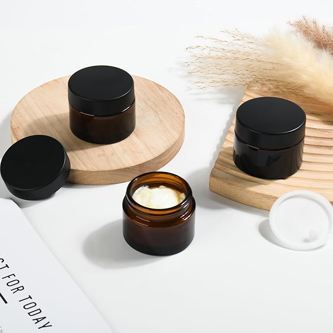 2 oz Reusable Amber Glass Container Jars 24 Pack with Wide-mouth Leak Proof Cap and Inner Pull-On Lid for Travel Storage Makeup, Face Creams, Body Lotions, DIY Crafts or Others