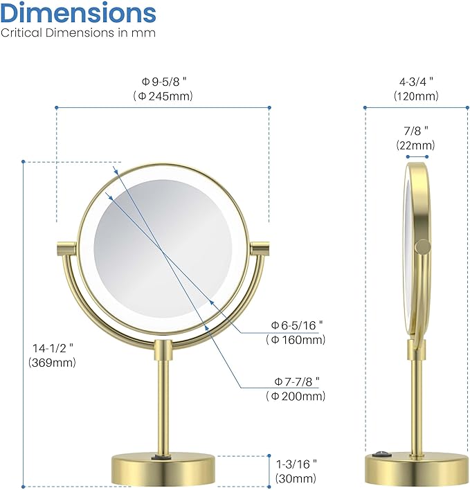 KIBI Circular Lighted Makeup Mirror with LED Lights and Magnification | 360-Degree Swivel with Adjustable Brightness, Dual-Sided Mirror for Desk with 5X Magnification (Brushed Gold Finish, KMM104)