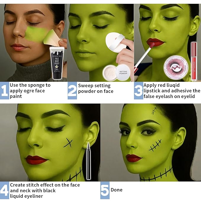 6 PCS Halloween Witch Makeup Set - Includes Ogre Green Face Body Paint(60ml), Black Eyeliner, False Eyelashes, Red Lipstick - Oil-Based SFX Face Painting Kit for Costume, Cosplay, Dress-Up Party