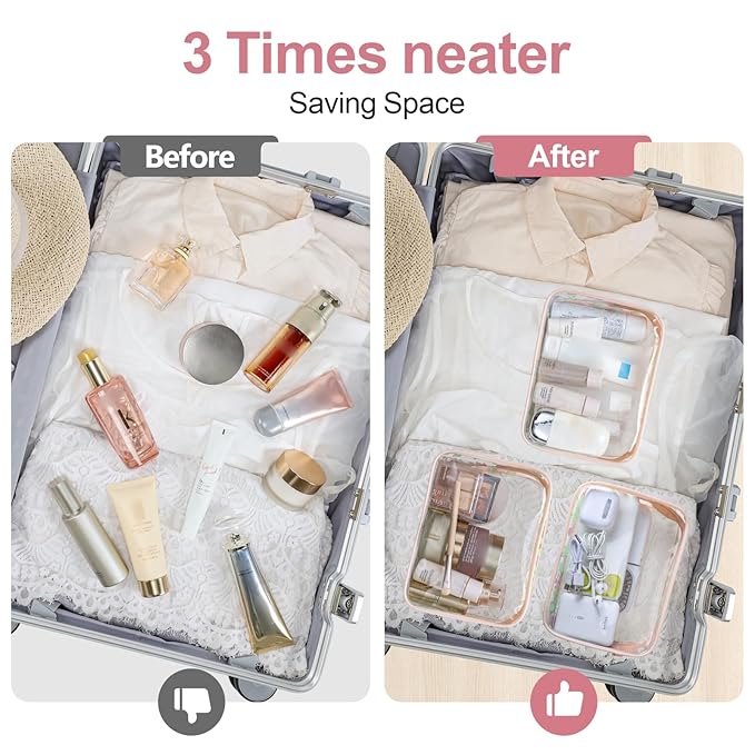 PACKISM TSA Approved Toiletry Bag - Pink Floral Print Clear Travel Bags, Suitable for Gifts, with Supporting Frame, Perfect for Travel Essentials, Thick No Smell