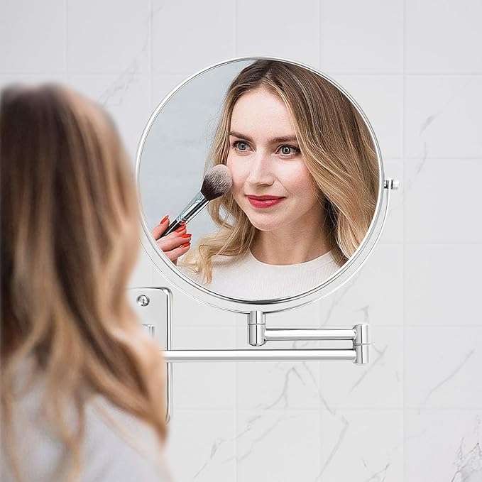 8 inch Wall Mounted Makeup Magnifying Mirror, 1X/10X Double-Sided Wall Mount Shaving Mirror with Extendable Arm, 360° Swivel for Vanity and Bathroom, Chrome Finish(No Light)