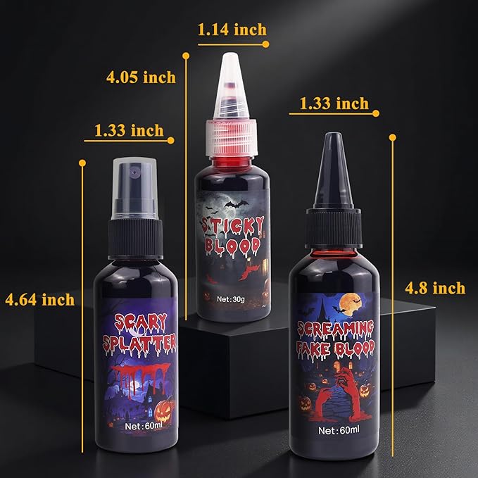 Halloween Fake Blood Sfx Makeup Kit, Special Effects Makeup Kit - Fake Blood Spray 2.03oz ,Dripping Blood 2.03oz, and Coagulated Gel Blood 1.06oz, Safe for Vampire Zombie Monster Cosplay Party Clothes