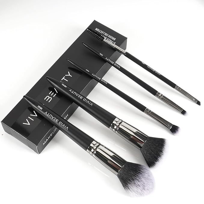 5pcs Basic Makeup Brushes- Portable Face and Eye Set for Powder, Blush, Bronzer, Eyeshadow, and Eyebrow - Travel Friendly Brush Kit -Perfect for Daily Make up and On the Go Touch-Ups (Black)