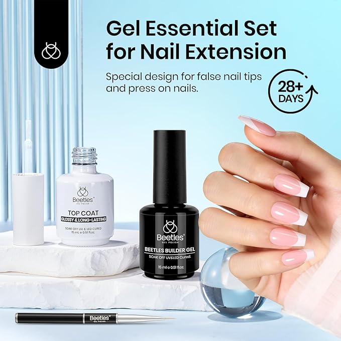 Beetles Builder Gel and Extra Glossy Top Coat No Wipe for Fall Nails with Nail Brush, 15ml Low Heat Hypoallergenic Clear 7 in 1 Builder High Shine Long Lasting Top Coat Gel Nail Polish