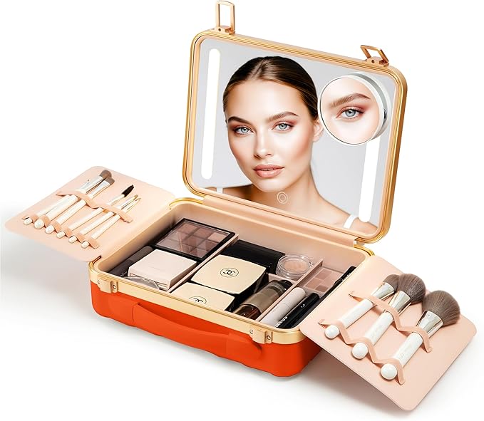 Makeup case with Light up Mirror Rechargeable with smart storage, Three light mode Mirror (Acrylonitrile Butadiene Styrene, Orange)