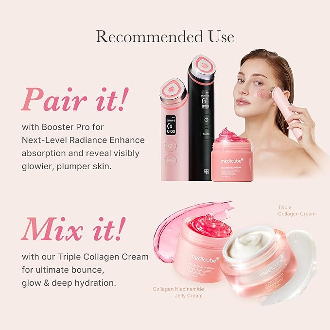 medicube Pink Skincare Set for Glass Glow Skin: Age-R Booster Pro Pink | 6-in-1 Real Glass Glow Beauty Massager and Collagen Jelly Cream- Niacinamide & Freeze-Dried Hydrolyzed Collagen 110ml