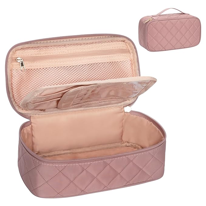 OCHEAL Small Makeup Bag,Portable Cute Travel Makeup Bag Pouch for Women Girls Makeup Brush Organizer Cosmetics Bags with Compartment-Rhombus Pink