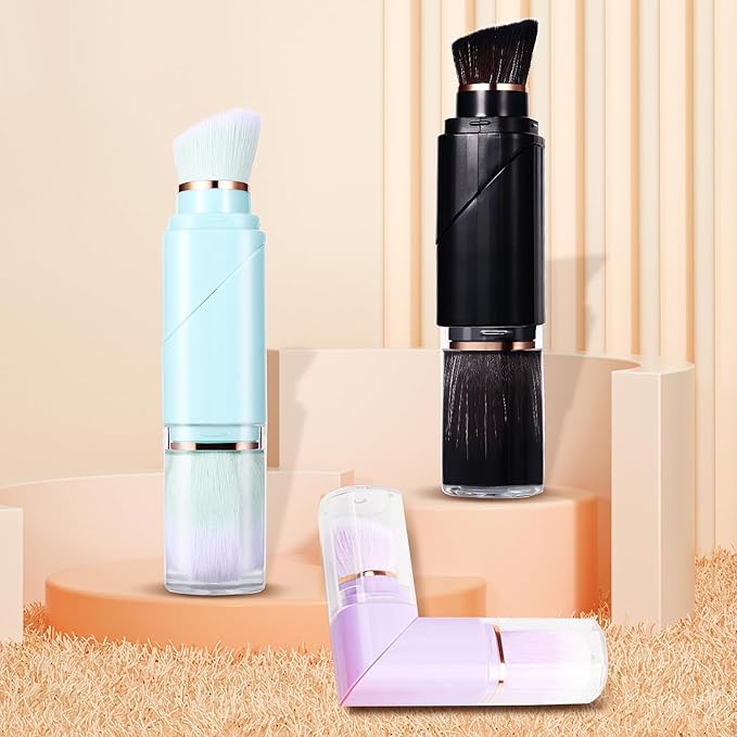 Vtrem Retractable Travel Makeup Brush: Black Kabuki Double-Ended Foundation Blush Brushes Mini Compact Face Brush with Cover Highlighter Flawless Powder Cosmetics