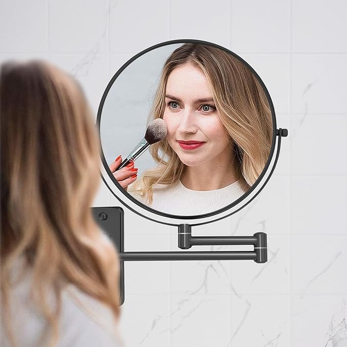 8” Makeup Mirror Wall Mounted, 1X/10X Double-Sided Wall Mount Magnifying Bathroom Mirror with Extendable Arm, 360° Swivel Vanity Shaving Mirror for Bathroom and Makeup, Black (No Light