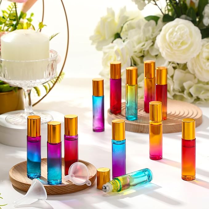 Sumind 150 Pcs Essential Oil Roller Bottles 10 ml Glass Empty Roll on Bottles with Stainless Steel Balls Leak Proof with 5 Funnel for Travel Essential Oil(Mixed Colors)