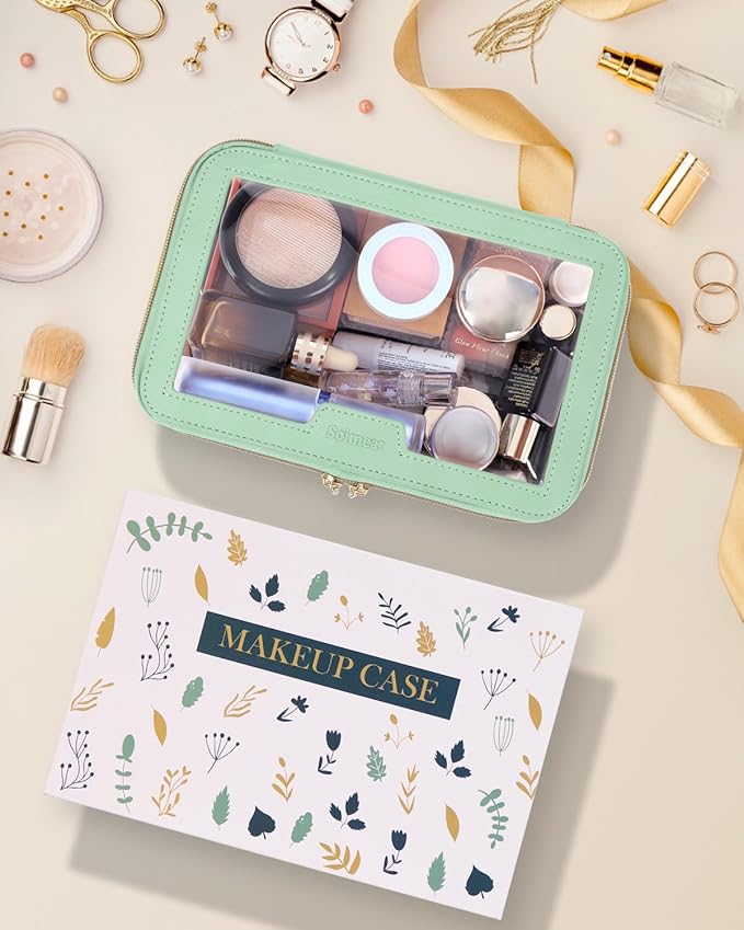 Travel Clear Makeup Bag with Makeup Brush Bag, Leather Makeup Case Toiletry Bag, Portable Cosmetic Bag Case, Transparent Waterproof Cosmetic Organizer Storage Bag for Women, Mint Green