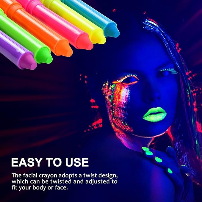 6Pcs Glow in The Dark Body Face Paint Neon Glow in The Black Light UV Fluorescent Crayons Paint Sticks Makeup Kit for Kids Adults Halloween Masquerade Mardi Gras Blacklight Birthday Party