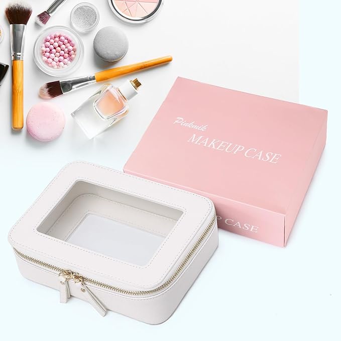 Pinkmik Clear Makeup Bag for Women Waterproof Travel Cosmetics and Toiletries Case Portable Makeup Oaganizer Bag Clear Car Bag with Zipper (White, M)