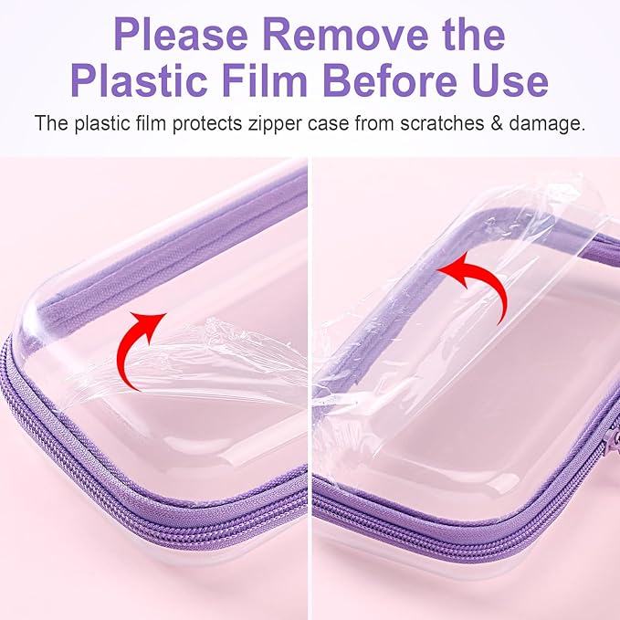 Hoolerry 4 Pcs Hard Clear Zipper Case Makeup Bags Plastic Pencil Pouch Transparent Storage Box Containers for Cosmetics, Snacks, Building Blocks, Puzzles(Purple,7.5 x 3.9 x 2 in)