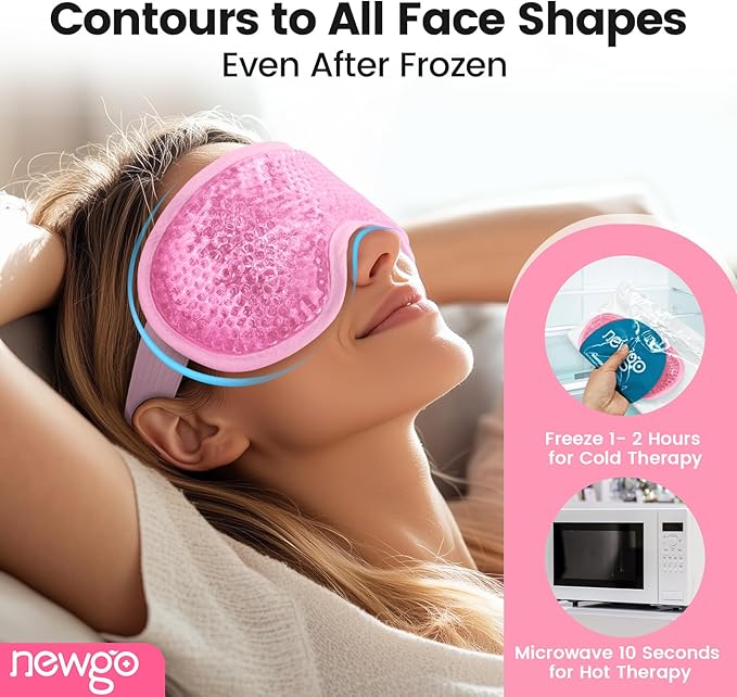 NEWGO Cooling Gel Cold Eye Mask for Puffy Eyes, Reusable Ice Pack with Soft Plush Backing for Dark Circles, Migraine, Stress Relief - Pink
