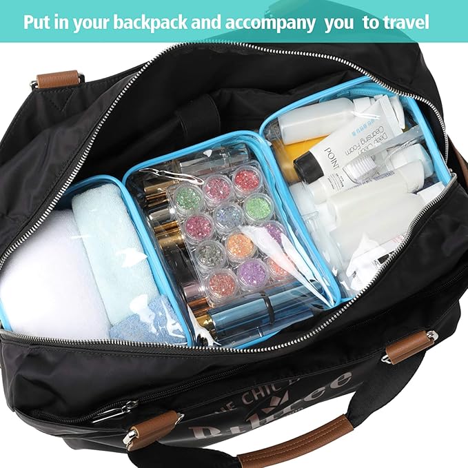 PACKISM Clear Cosmetic Bag, TSA Approved Clear Makeup Bag Travel Toiletry Bag, Beauty Quart Size Bag, 3 Pack, Black White Blue