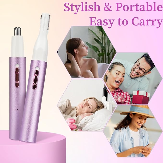 Nose and Ear Hair Trimmer for Women Men,2 in 1 Painless Eyebrow Hair Trimmer with USB Rechargeable,Portble Waterproof Facial Hair Removal with Dual-Edge Blades for Smoother Cutting (Pink)