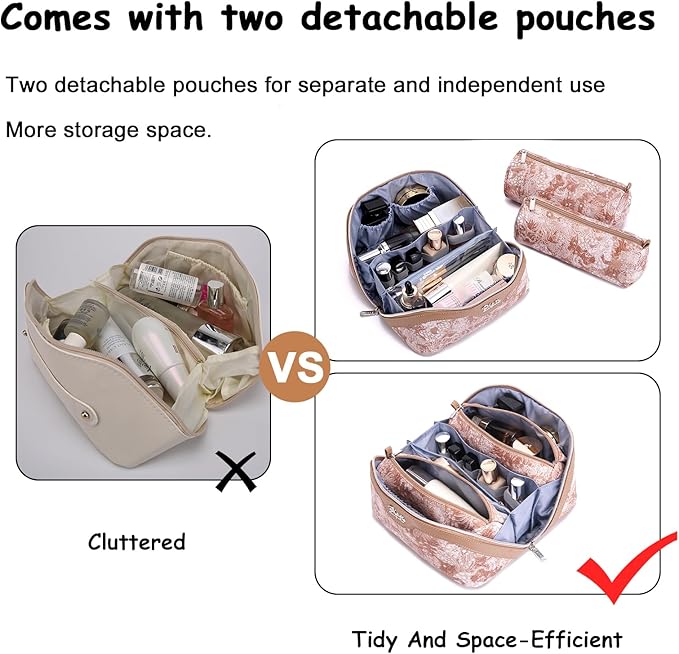 BOYATU Travel Makeup Bag for Women: Large Capacity Make up Bag with Compartments - Vegan Leather Cosmetic Bag set of 3 - Waterproof Toiletry Bag with Handle & Divider(D-05Orange)