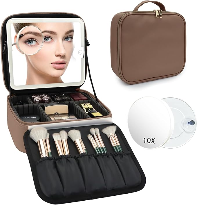 Travel Makeup Bag with LED Mirror and 10x magnifying glass with 3 Lighted Settings, Adjustable Dividers and Makeup Brush Storage Bag Mocha